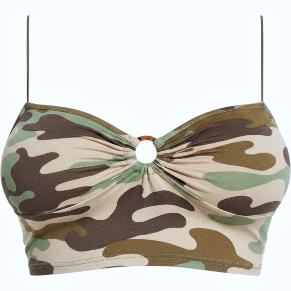 NWT Fashion Nova Large Green Camo Print Tank Crop Top Keyhole‎ Bralette Ruched